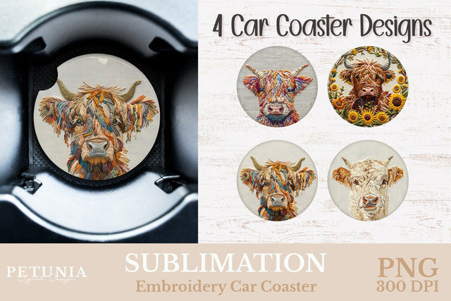 Embroidery Car Coaster PNG | Car Coaster Sublimation Designs Sublimation Petunia Digital Design 
