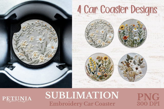 Embroidery Car Coaster PNG | Car Coaster Sublimation Designs Sublimation Petunia Digital Design 