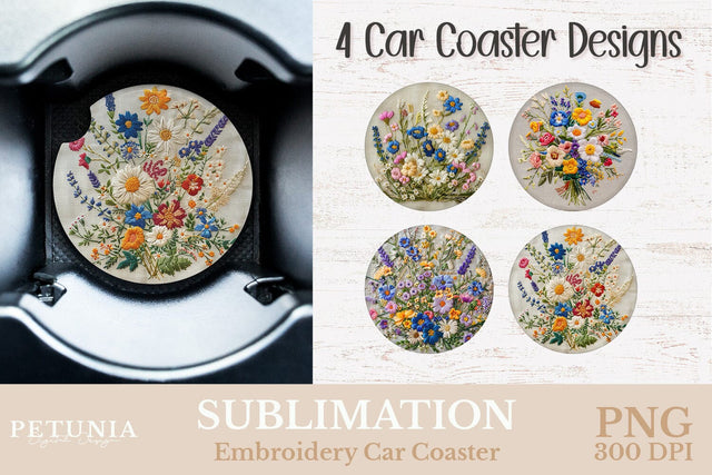 Embroidery Car Coaster PNG | Car Coaster Sublimation Designs Sublimation Petunia Digital Design 