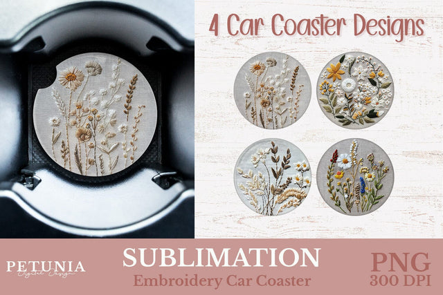 Embroidery Car Coaster PNG | Car Coaster Sublimation Designs Sublimation Petunia Digital Design 