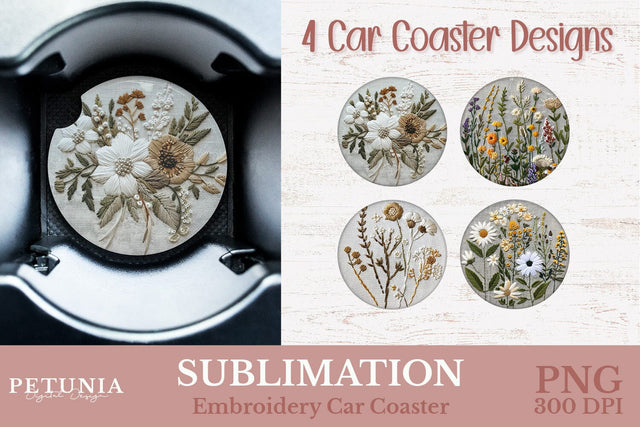 Embroidery Car Coaster PNG | Car Coaster Sublimation Designs Sublimation Petunia Digital Design 