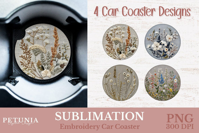 Embroidery Car Coaster PNG | Car Coaster Sublimation Designs Sublimation Petunia Digital Design 
