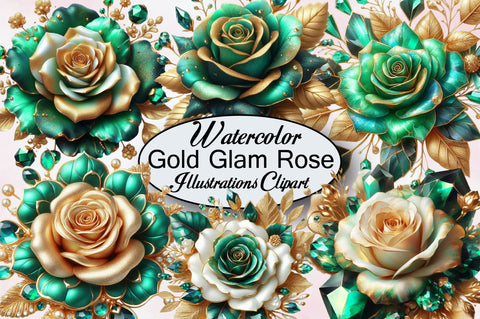 Emerald and Gold Glam Rose Clipart Sublimation SVGArt 