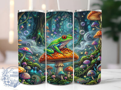 Emerald Frog Mushroom Forest 20oz Tumbler, Emerald Frog Motif, Mushroom Design, Forest Scene, Nature Theme, Whimsical Charm, Sublimation Wrap, 20oz Tumbler Sublimation ToriDesigns 