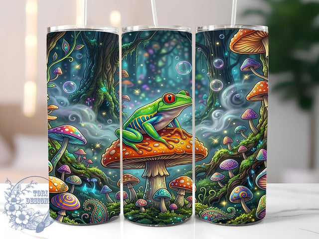 Emerald Frog Mushroom Forest 20oz Tumbler, Emerald Frog Motif, Mushroom Design, Forest Scene, Nature Theme, Whimsical Charm, Sublimation Wrap, 20oz Tumbler Sublimation ToriDesigns 