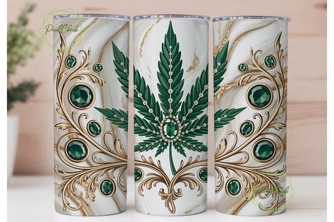 Emerald Gold Cannabis Leaf Tumbler Wrap Sublimation PixelChick 
