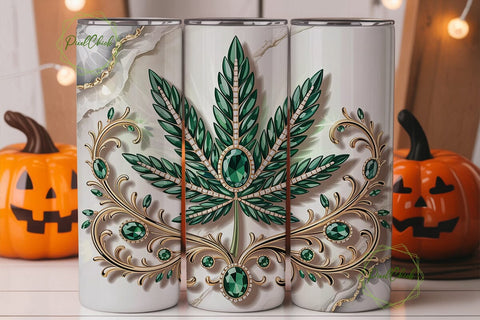 Emerald Gold Cannabis Leaf Tumbler Wrap Sublimation PixelChick 