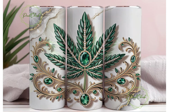 Emerald Gold Cannabis Leaf Tumbler Wrap Sublimation PixelChick 