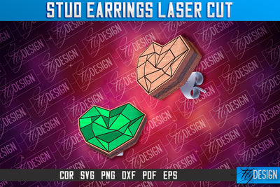 Emerald Heart Stud Earrings Laser Cut | Accessories Laser Cut SVG Design | CNC Files SVG Fly Design 