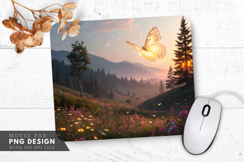 Enchanted Butterfly in a Golden Forest Landscape Mouse Pad Sublimation Regulrcrative 