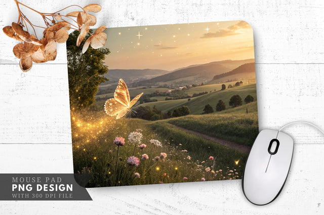 Enchanted Butterfly in a Golden Landscape Mouse Pad PNG Design Sublimation Regulrcrative 