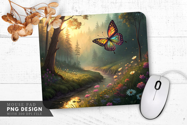 Enchanted Butterfly Over a Fairy Tale Forest Mouse Pad Sublimation Regulrcrative 