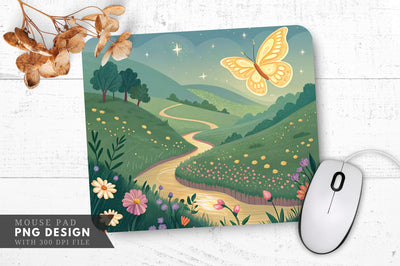 Enchanted Butterfly Over Blooming Hills Mouse Pad PNG Sublimation Regulrcrative 