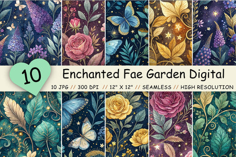 Enchanted Fae Garden Digital Pattern, Seamless Watercolor Bundle Pack, Printable Scrapbook Paper, Magical Floral Design Collection Digital Pattern FloridPrintables 