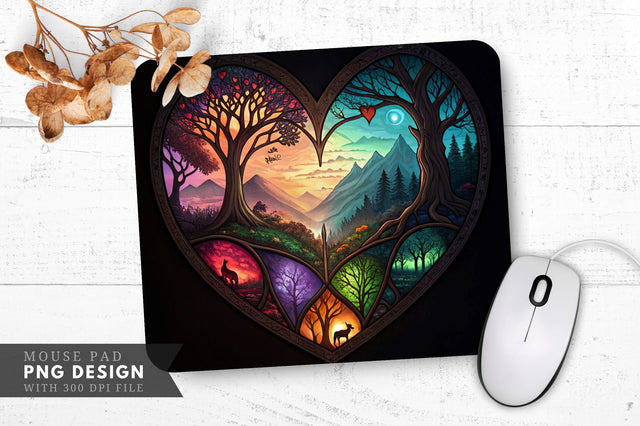 Enchanted Heart Stained Glass Fantasy Forest Mouse Pad PNG Design Sublimation Regulrcrative 