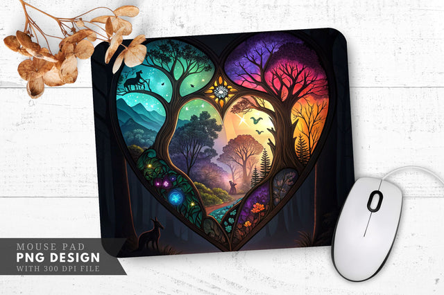 Enchanted Heart Stained Glass Fantasy Forest Mouse Pad PNG Design Sublimation Regulrcrative 