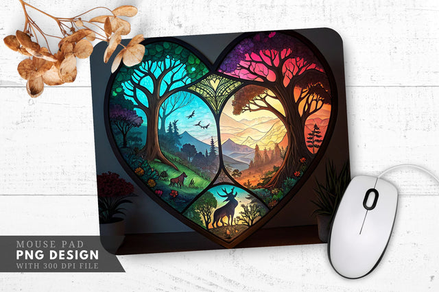 Enchanted Heart Stained Glass Fantasy Forest Mouse Pad PNG Design Sublimation Regulrcrative 