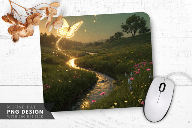Enchanted Meadow with Glowing Butterfly Mouse Pad PNG Sublimation Regulrcrative 