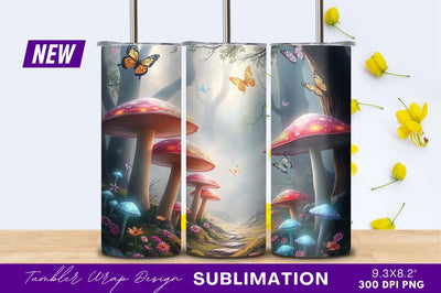 Enchanted Mushroom Forest With Butterflies Tumbler Png Sublimation Regulrcrative 