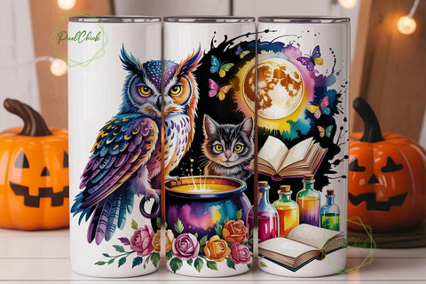 Enchanted Owl & Cat Night Magic Tumbler Sublimation PixelChick 