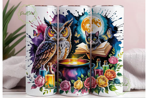 Enchanted Owl & Cat Night Magic Tumbler Sublimation PixelChick 