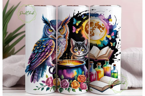 Enchanted Owl & Cat Night Magic Tumbler Sublimation PixelChick 