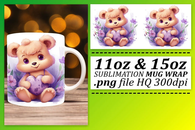 Enchanted Valentines: Watercolor Bear Mug Wrap - 11oz & 15oz Sublimation afrosvg 