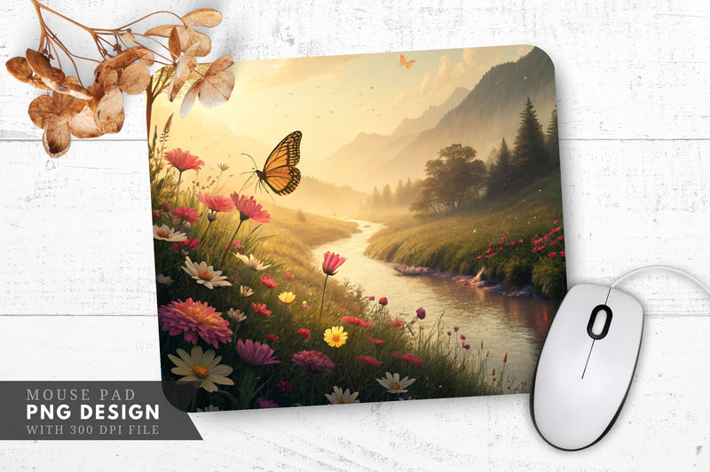 Enchanted Valley with Butterfly and River Mouse Pad Design Sublimation Regulrcrative 