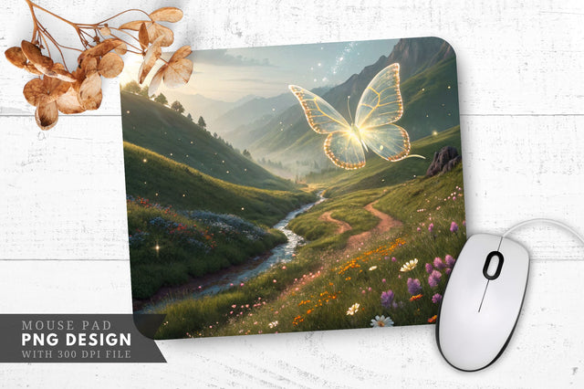 Enchanted Valley with Glowing Butterfly Mouse Pad PNG Design Sublimation Regulrcrative 