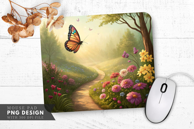 Enchanting Butterfly Garden Scene Mouse Pad PNG Sublimation Regulrcrative 