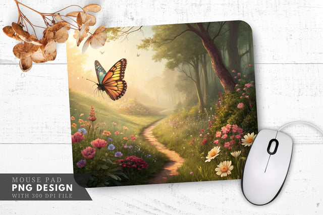 Enchanting Butterfly Garden Scene Mouse Pad PNG Sublimation Regulrcrative 