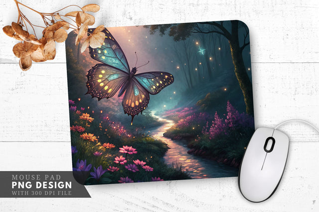 Enchanting Butterfly Over a Magical Forest Mouse Pad PNG Design Sublimation Regulrcrative 