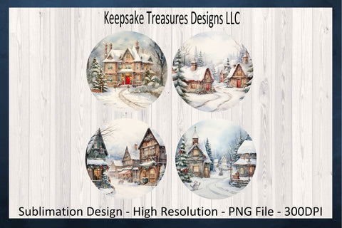 Enchanting Winter Village Scenes Circular Coasters Set Of Four Sublimation PNG Sublimation Keepsake Treasures Designs LLC. 