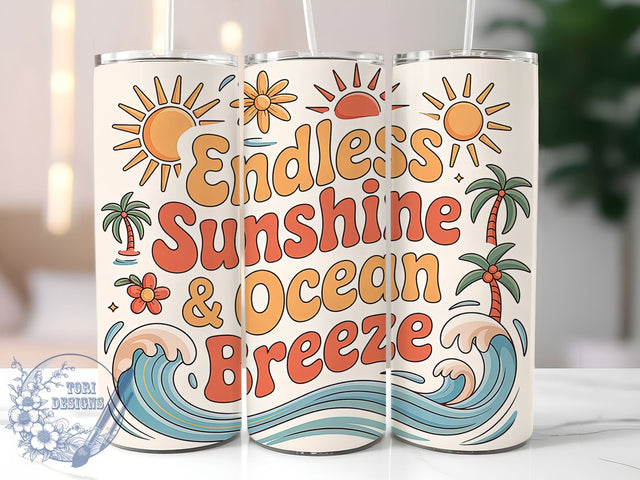 Endless Sunshine Breeze 20oz Tumbler, Ocean Breeze Phrase, Tropical Coastal Illustration, Sublimation Tumbler Wrap, 20oz Tumbler, Fun Summer Gift, Bright Beach Style Sublimation ToriDesigns 
