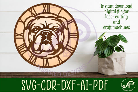 English bulldog dog wall clock laser cut files, SVG SVG APInspireddesigns 