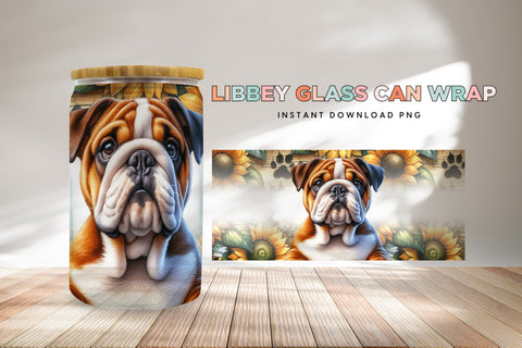 English Bulldog Libbey Glass Can Wrap, Dog Sunflower PNG Sublimation BijouBay 
