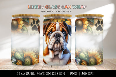 English Bulldog Libbey Glass Can Wrap, Dog Sunflower PNG Sublimation BijouBay 