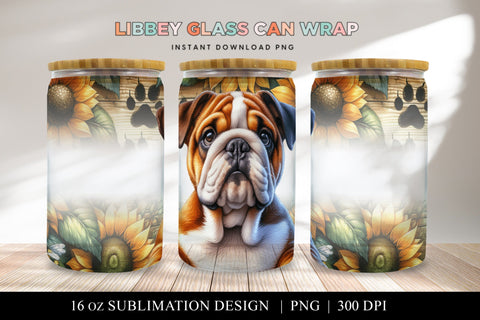 English Bulldog Libbey Glass Can Wrap, Dog Sunflower PNG Sublimation BijouBay 