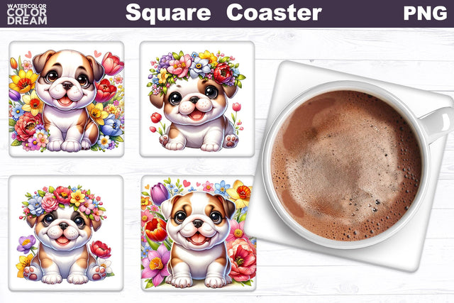 English Bulldog Square Coaster | Dog Flowers Square Coaster Sublimation WatercolorColorDream 
