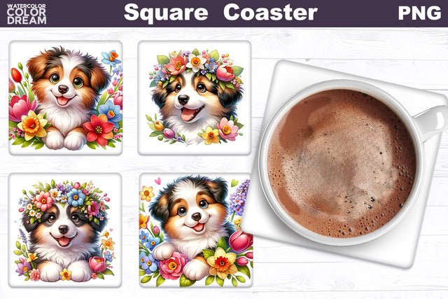 English Shepherd Square Coaster | Dog Flowers Square Coaster Sublimation WatercolorColorDream 