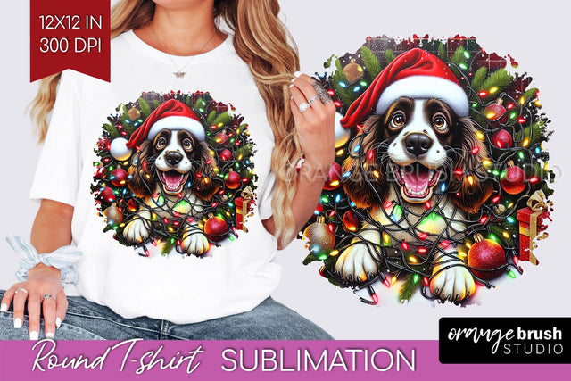 English Springer Spaniel Christmas Dog Round Tshirt PNG Sublimation OrangeBrushStudio 