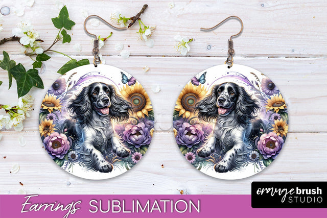 English Springer Spaniel Earrings - Dog Mom Floral Round Earring Sublimation Sublimation OrangeBrushStudio 