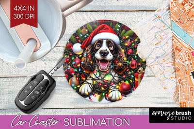 English Springer Spaniel Funny Christmas Dog Car Coaster Sublimation OrangeBrushStudio 