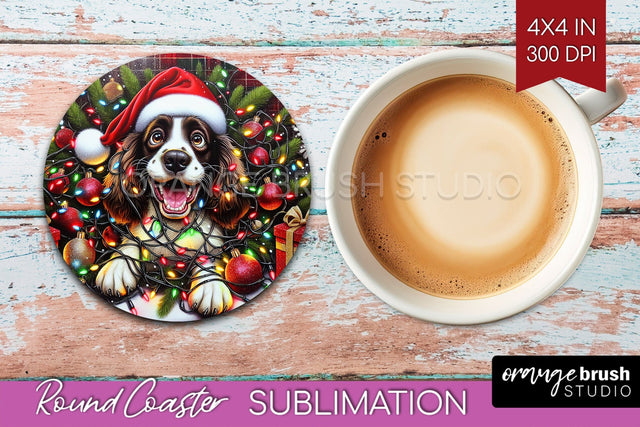 English Springer Spaniel Funny Christmas Dog Round Coaster Sublimation OrangeBrushStudio 