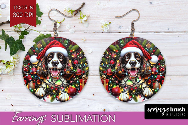 English Springer Spaniel Funny Christmas Dog Round Earrings Sublimation OrangeBrushStudio 