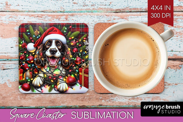 English Springer Spaniel Funny Christmas Dog Square Coaster Sublimation OrangeBrushStudio 