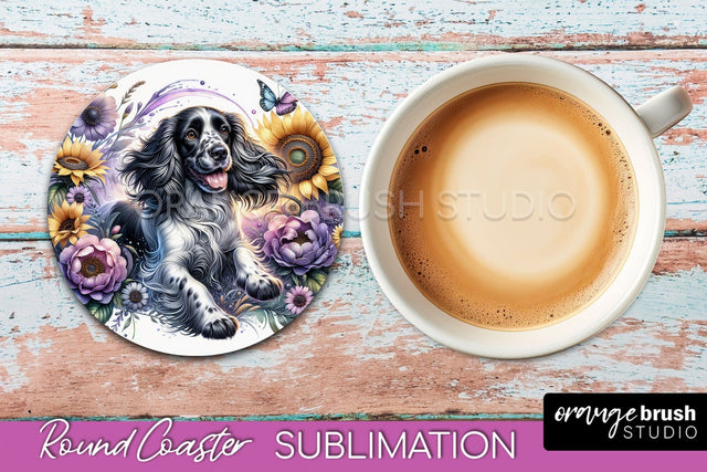English Springer Spaniel Round Coaster - Dog Mom Floral Coaster Sublimation Sublimation OrangeBrushStudio 