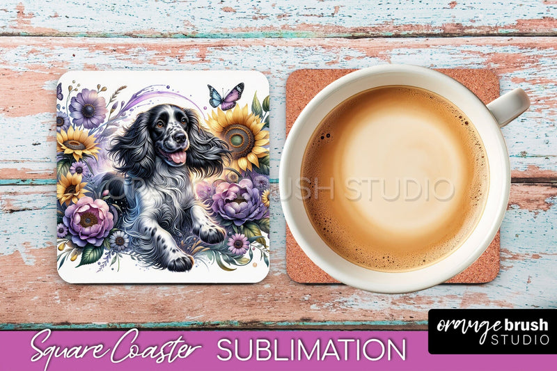 English Springer Spaniel Square Coaster - Dog Mom Floral Coaster Sublimation Sublimation OrangeBrushStudio 