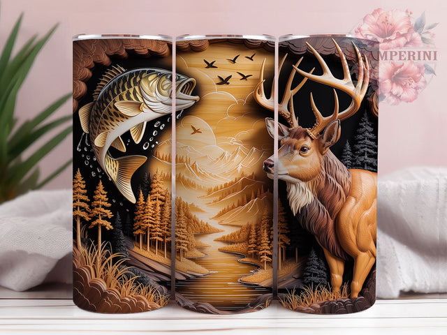 Engraved Fishing Rustic Scene 20oz Tumbler, Wood Relief, Wildlife Scene, Outdoor Design, Rustic Texture, Skinny Tumbler, Sublimation PNG Sublimation Li Zamperini 