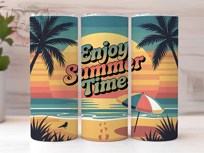Enjoy Summer Time 20oz Tumbler, Enjoy Summer Time Phrase, Retro Art Beach Scene, Sublimation Tumbler Wrap, 20oz Tumbler, Fun Summer Gift, Vibrant Coastal Style Sublimation Lara' s Designs 